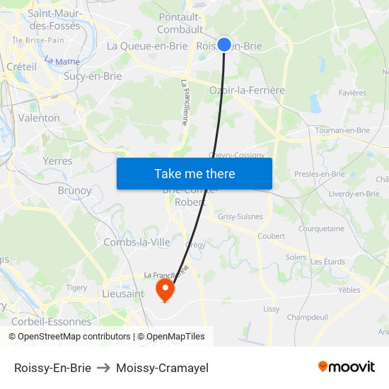 Roissy-En-Brie to Moissy-Cramayel map