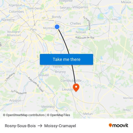 Rosny-Sous-Bois to Moissy-Cramayel map