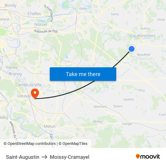 Saint-Augustin to Moissy-Cramayel map
