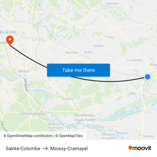 Sainte-Colombe to Moissy-Cramayel map