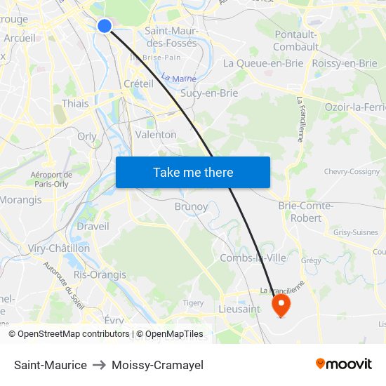 Saint-Maurice to Moissy-Cramayel map