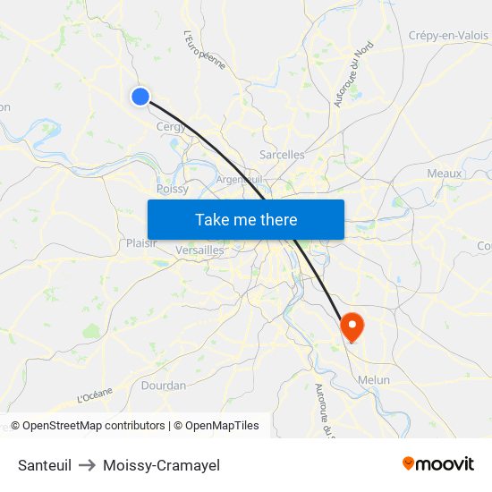 Santeuil to Moissy-Cramayel map