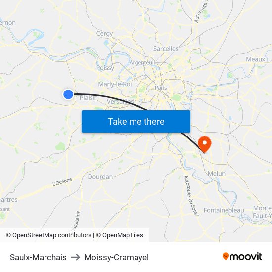 Saulx-Marchais to Moissy-Cramayel map
