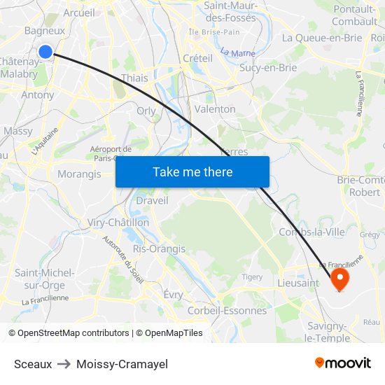 Sceaux to Moissy-Cramayel map