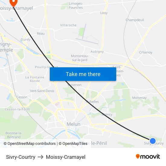 Sivry-Courtry to Moissy-Cramayel map