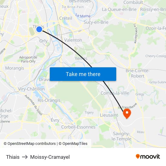 Thiais to Moissy-Cramayel map