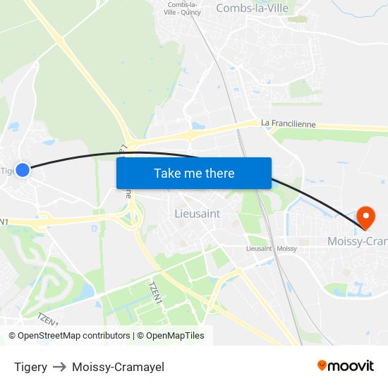 Tigery to Moissy-Cramayel map