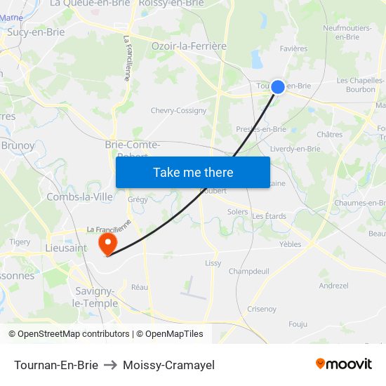 Tournan-En-Brie to Moissy-Cramayel map