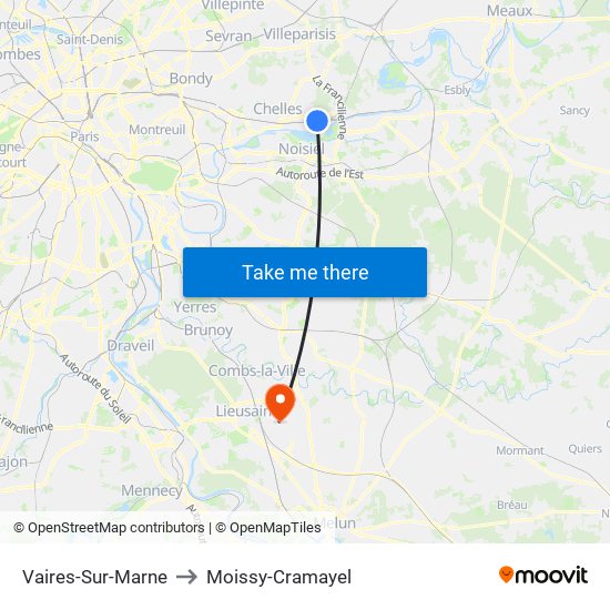 Vaires-Sur-Marne to Moissy-Cramayel map