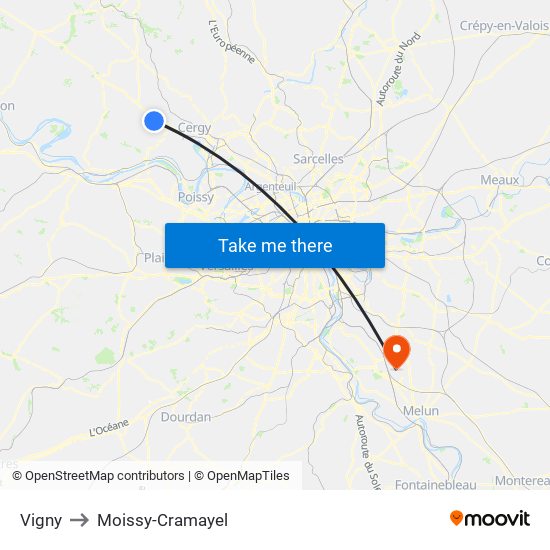 Vigny to Moissy-Cramayel map