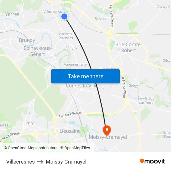 Villecresnes to Moissy-Cramayel map