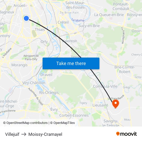 Villejuif to Moissy-Cramayel map