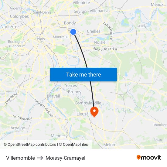 Villemomble to Moissy-Cramayel map