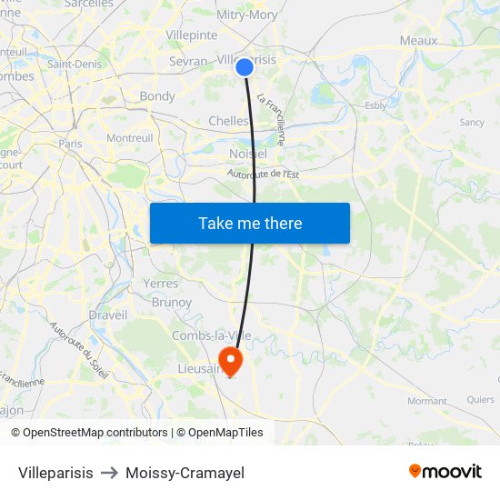 Villeparisis to Moissy-Cramayel map