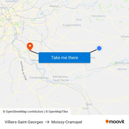 Villiers-Saint-Georges to Moissy-Cramayel map