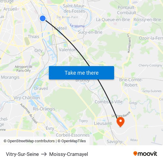 Vitry-Sur-Seine to Moissy-Cramayel map