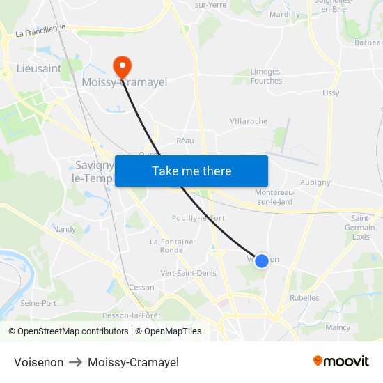 Voisenon to Moissy-Cramayel map