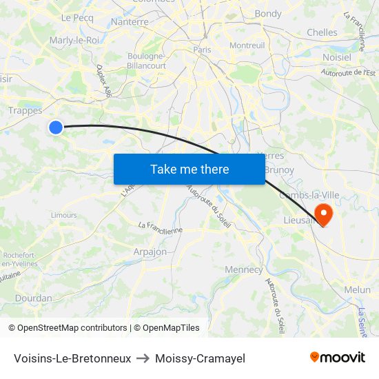 Voisins-Le-Bretonneux to Moissy-Cramayel map