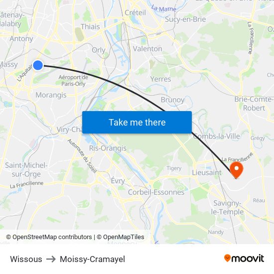 Wissous to Moissy-Cramayel map