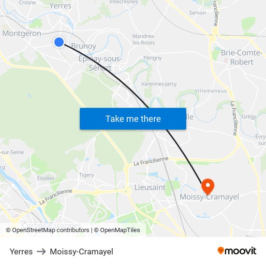 Yerres to Moissy-Cramayel map