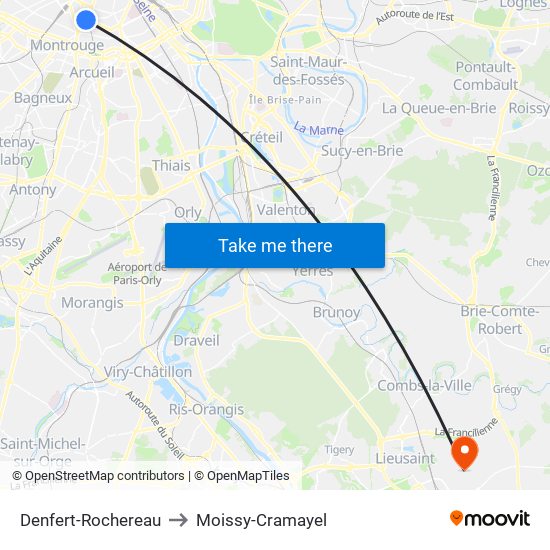 Denfert-Rochereau to Moissy-Cramayel map