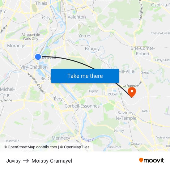 Juvisy to Moissy-Cramayel map