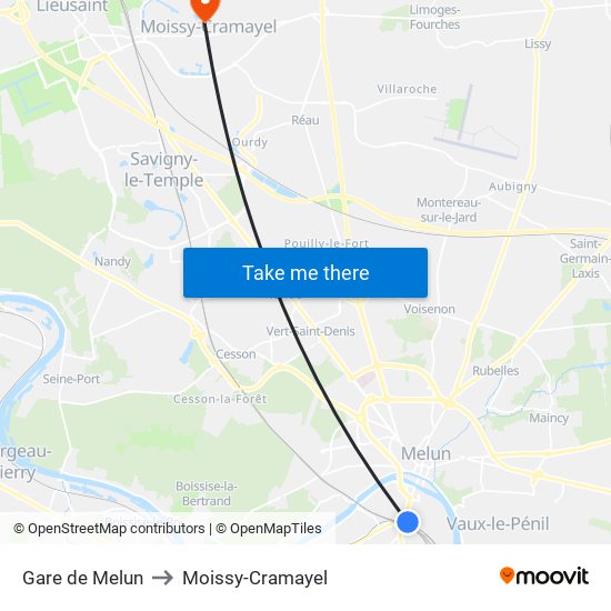 Gare de Melun to Moissy-Cramayel map