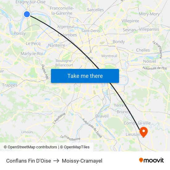 Conflans Fin D'Oise to Moissy-Cramayel map