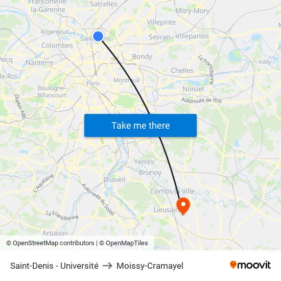 Saint-Denis - Université to Moissy-Cramayel map