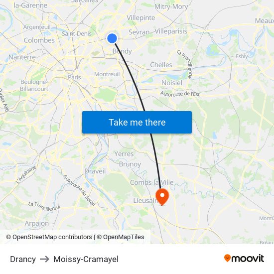 Drancy to Moissy-Cramayel map
