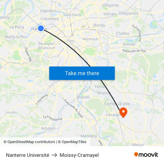 Nanterre Université to Moissy-Cramayel map