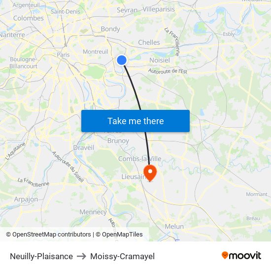 Neuilly-Plaisance to Moissy-Cramayel map
