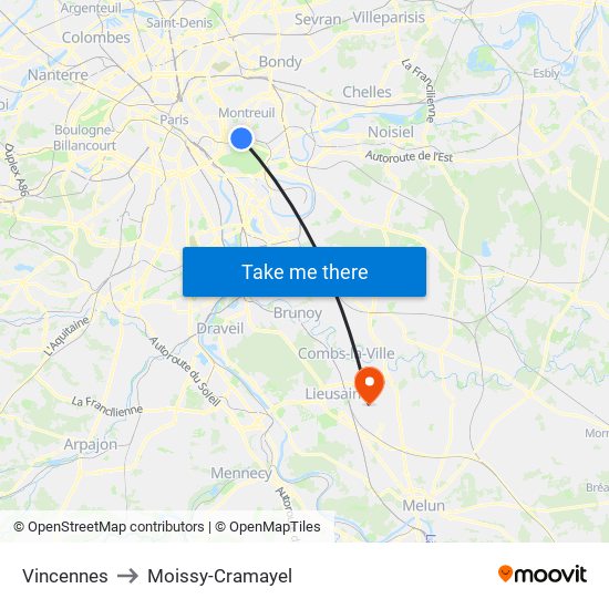 Vincennes to Moissy-Cramayel map