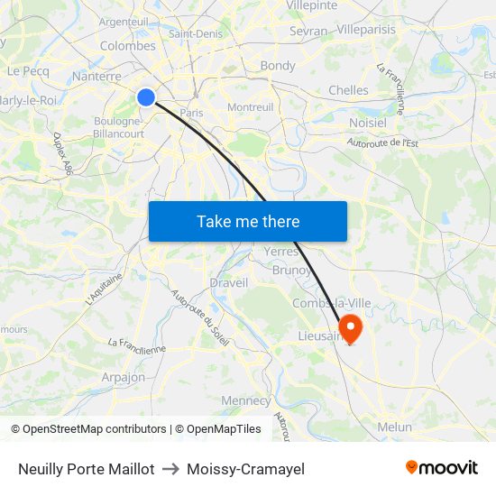 Neuilly Porte Maillot to Moissy-Cramayel map