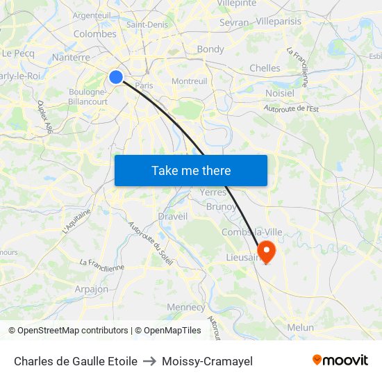 Charles de Gaulle Etoile to Moissy-Cramayel map