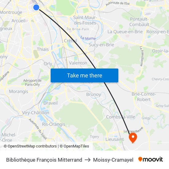 Bibliothèque François Mitterrand to Moissy-Cramayel map