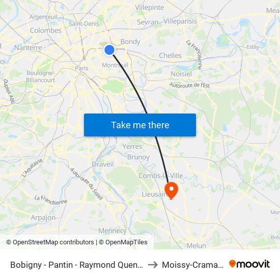 Bobigny - Pantin - Raymond Queneau to Moissy-Cramayel map