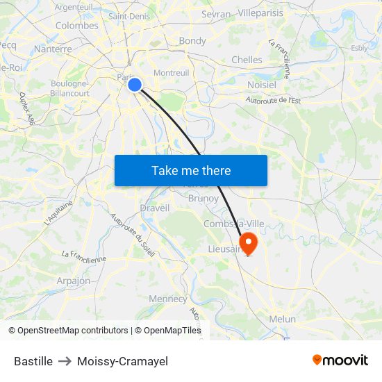 Bastille to Moissy-Cramayel map