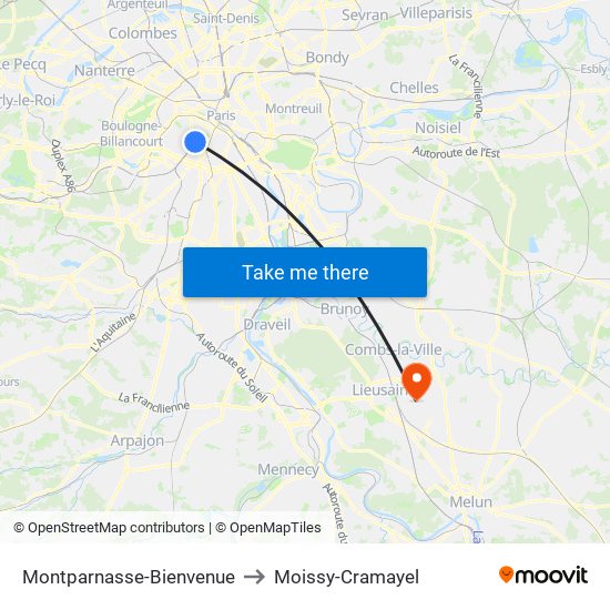 Montparnasse-Bienvenue to Moissy-Cramayel map