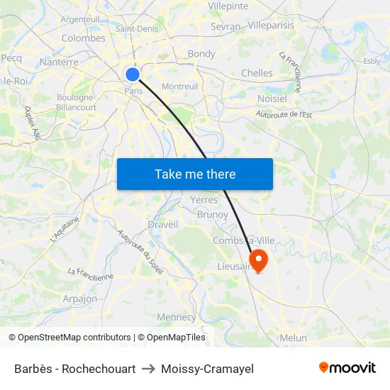 Barbès - Rochechouart to Moissy-Cramayel map