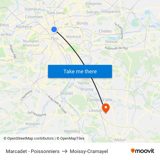 Marcadet - Poissonniers to Moissy-Cramayel map