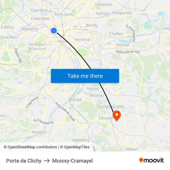 Porte de Clichy to Moissy-Cramayel map