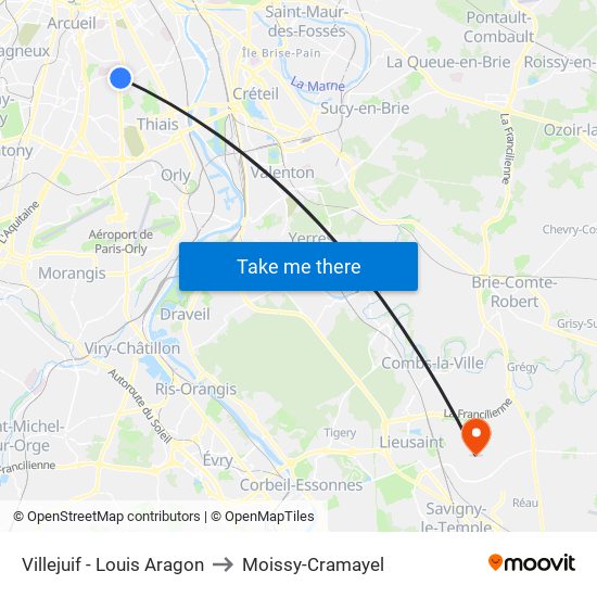 Villejuif - Louis Aragon to Moissy-Cramayel map