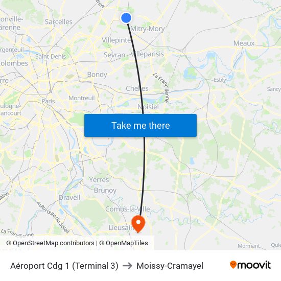 Aéroport Cdg 1 (Terminal 3) to Moissy-Cramayel map