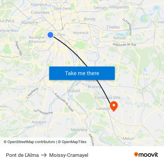 Pont de L'Alma to Moissy-Cramayel map