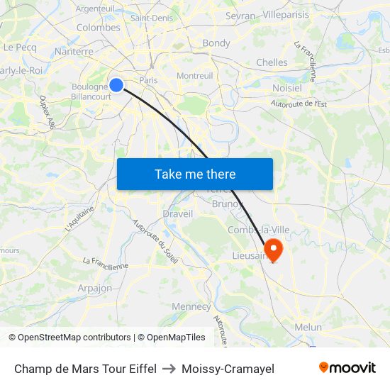 Champ de Mars Tour Eiffel to Moissy-Cramayel map