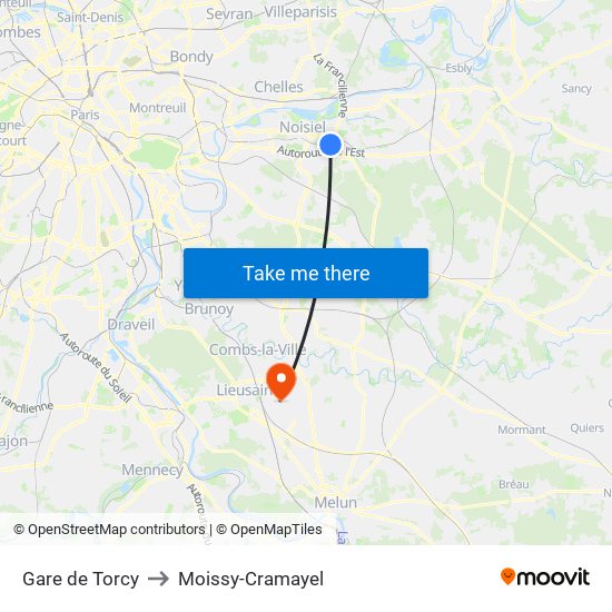 Gare de Torcy to Moissy-Cramayel map