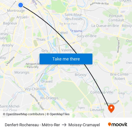 Denfert-Rochereau - Métro-Rer to Moissy-Cramayel map