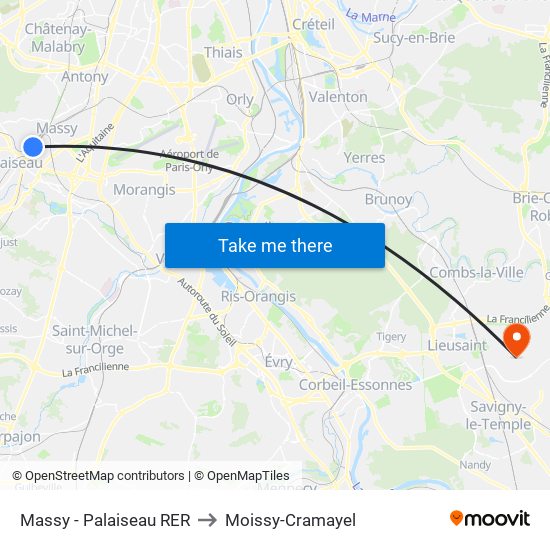 Massy - Palaiseau RER to Moissy-Cramayel map