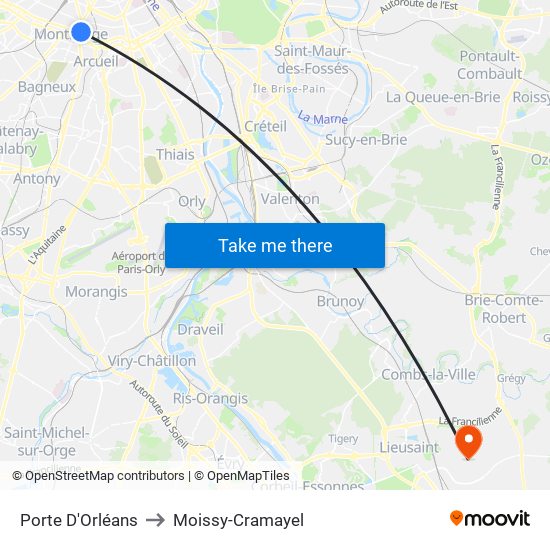 Porte D'Orléans to Moissy-Cramayel map
